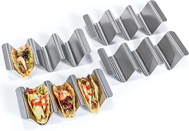 Photo 1 of 18/8 Stainless Steel Taco Holders: U-Taste Soft Hard Taco Shell Rack Oven Safe Metal Corn Tortilla Serving Tray Plates Stand Set with Handle and Rounded Curves (Set of 4)
