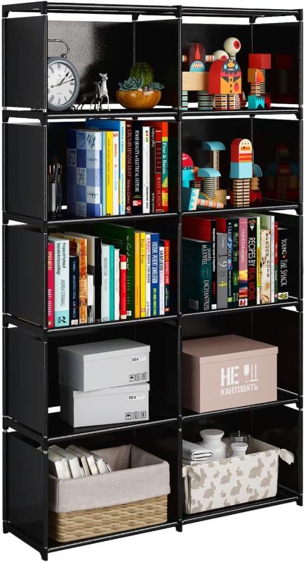 Photo 1 of JIUYOTREE 6-Tiers Portable Bookshelf with Fabric Cloth at Back, 10 Cube Closet Storage Organizer Bookcase, Living Room,Study Room,Bedroom, Black