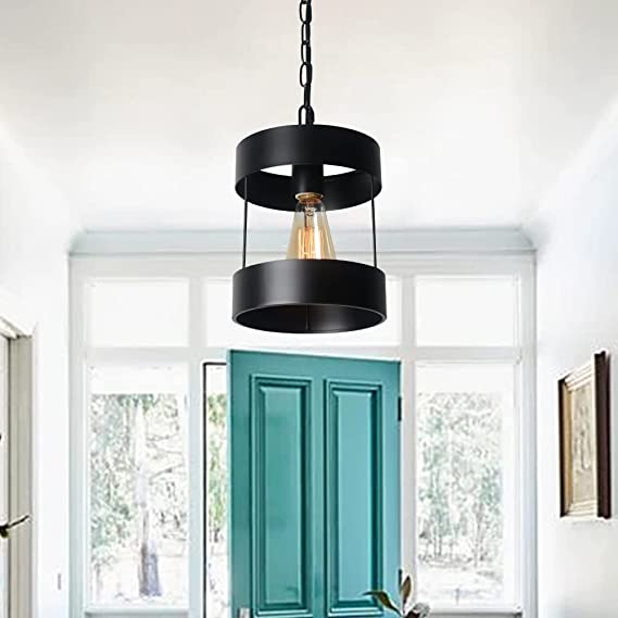 Photo 1 of 1-Light Small Modern Retro Rustic Pendant, Industrial Farmhouse Drum Black Metal Lantern Ceiling Hanging Lighting Fixture for Hallway, Foyer, Kitchen Island, Entryway, Bedroom, UL E26 VE20030
