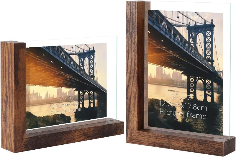 Photo 1 of 5x7 Picture Frames Set of 2, Double Sided Frame Display Holder with Rustic L Shaped Horizontal Vertical Stand for 5 by 7 Photo, Desktop or Tabletop Decor 