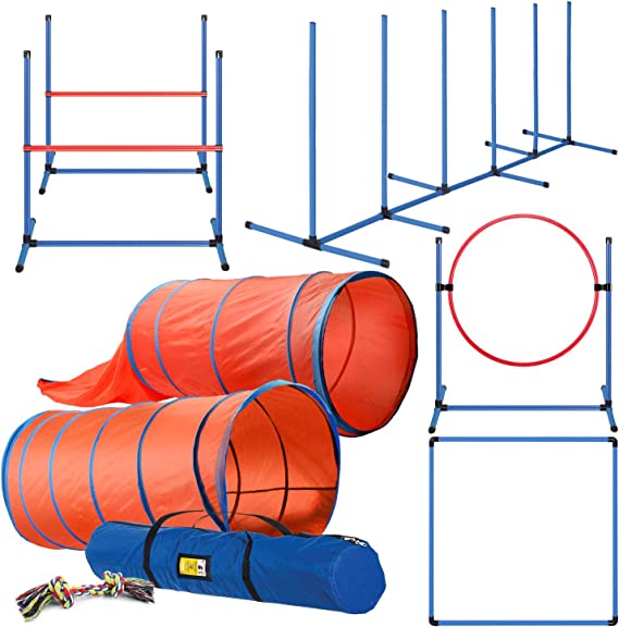 Photo 1 of CHEERING PET Deluxe Dog Agility Training Equipment Set, 2 Dog Jump, Hurdle, Blind and Standard Tunnel and Weave Poles, Premium Dog Agility Exercise Set with Easy Carry Case…
