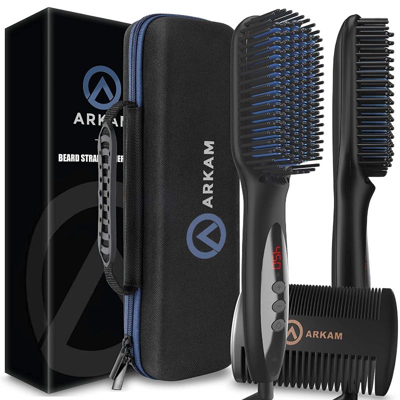 Photo 1 of Arkam Premium Beard Straightener for Men - Ionic Beard Straightening Comb, Anti-Scald Feature - Hair Straightener for Men, Portable Beard Brush Straightener, Travel Case & Beard Comb Included
