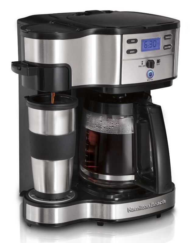 Photo 1 of Hamilton Beach 2-Way Brewer Single Serve Coffee Maker and Full 12 Cup Coffee Pot Stainless Steel and Black Programmable 49980A
