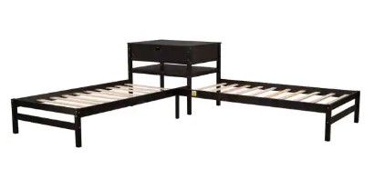 Photo 1 of BOX 1 OF 2 GODEER Espresso Twin Size L-Shaped Platform Beds with Drawer Linked with Built in Rectangle Table
