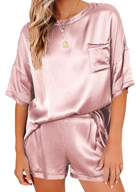 Photo 1 of LYANER Women's Satin Silky Pajama Set Short Sleeve T-shirt With Shorts Set PJ Loungewear MEDIUM
