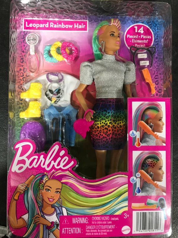 Photo 2 of Barbie Leopard Rainbow Hair Doll - Silver Top


