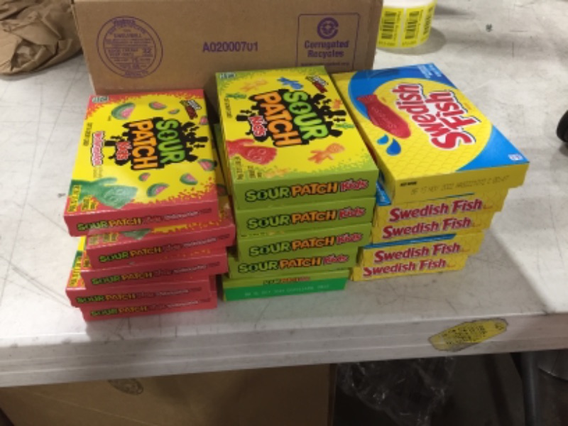 Photo 1 of BEST BY JUN 2022- NOV 2022 -SOUR PATCH KIDS Original Candy, SOUR PATCH KIDS Watermelon Candy & SWEDISH FISH Candy Variety Pack, School Lunch Box Snacks, 15 Movie Theater Candy Boxes