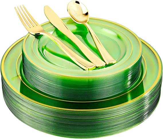 Photo 1 of BUCLA 150PCS Green And Gold Plastic Plates - Disposable Gold Plastic Silverware -Clear Green Plastic Dinnerware For Wedding&Parties, Easter, St. Patrick's Day
