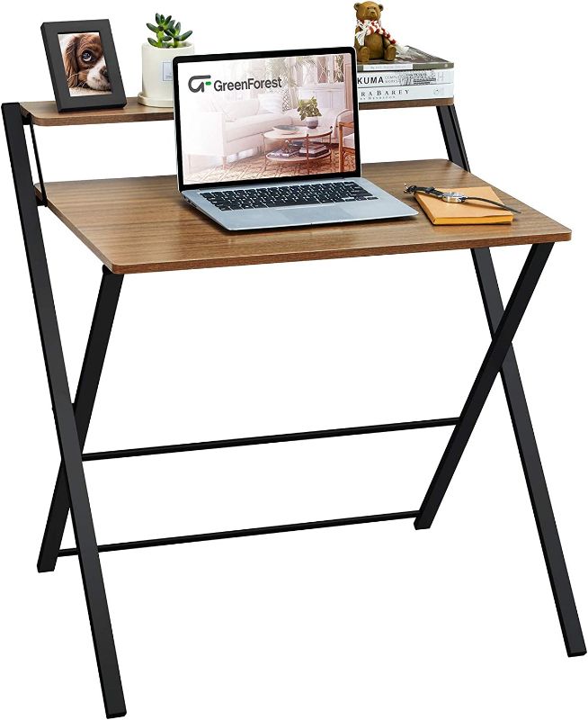 Photo 1 of GreenForest Folding Desk No Assembly Required, Computer Desk with 2-Tier Shelf Foldable Table for Small Spaces 29.5 x 20.47 inch, Espresso
