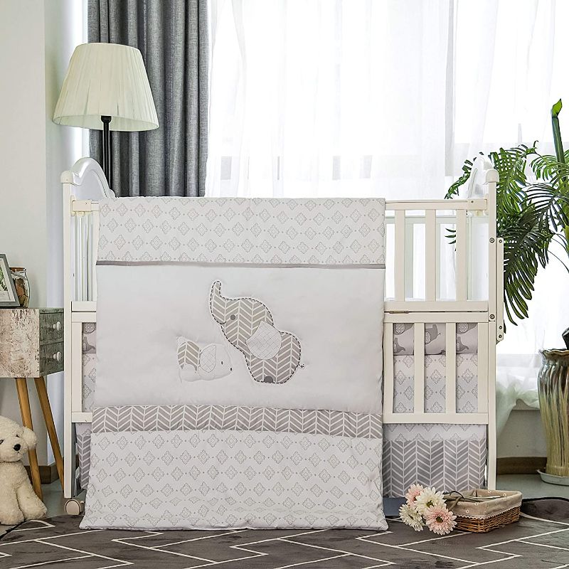 Photo 1 of La Premura Baby Elephants Nursery Crib Bedding Sets – Gray Elephants & Puppy 3 Piece Standard Size Grey Crib Set - Unisex Nursey Bedding and Neutral Decor
