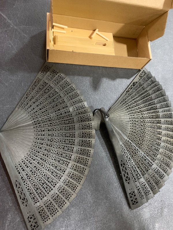 Photo 2 of Activewhey Vintage Oriental Folding Hand Fans Set of 2 with Bamboo Wall Stand, Wooden Decorations in Chinese/Japanese/Korean Style for Wedding, Party,
