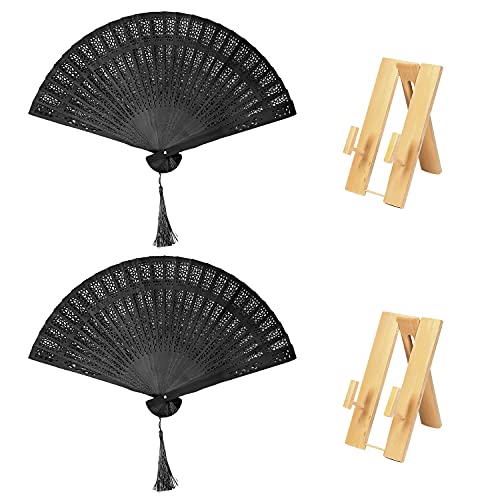 Photo 1 of Activewhey Vintage Oriental Folding Hand Fans Set of 2 with Bamboo Wall Stand, Wooden Decorations in Chinese/Japanese/Korean Style for Wedding, Party,
