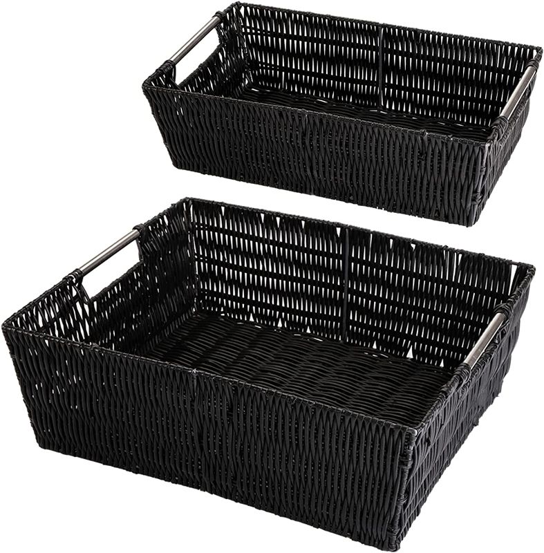 Photo 1 of Yopay 2 Pack Storage Baskets, Shelf Storage Tote Basket with Built-in Handles, Rectangular Wicker Baskets for Home Organizer, 15" x 12" x 5", 14" x 8" x 4"
