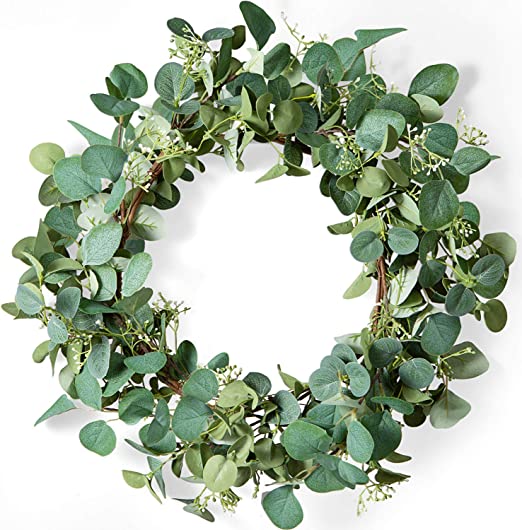 Photo 1 of ALLHANA Green Eucalyptus Leaf Wreath, 24 Inches Artificial Festival Celebration Wreath for Front Door Year Round
