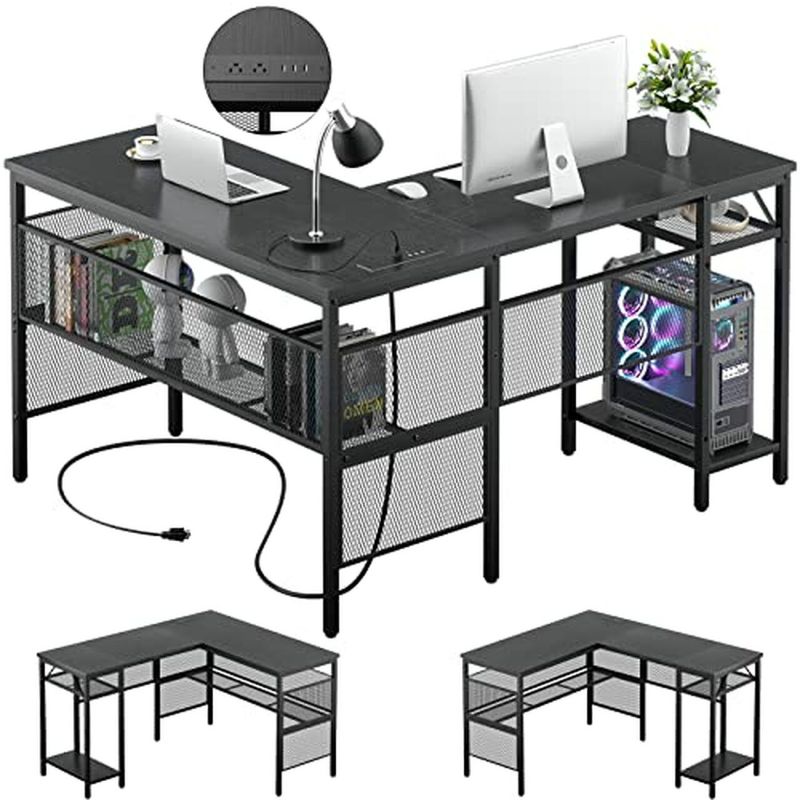 Photo 1 of Unikito L Shaped Desk with USB Charging Port and Power Outlet, Reversible L-Shaped Corner Computer Desk with Storage Shelves, Industrial 2 Person Long Gaming Table Modern Home Office Desk, Black
