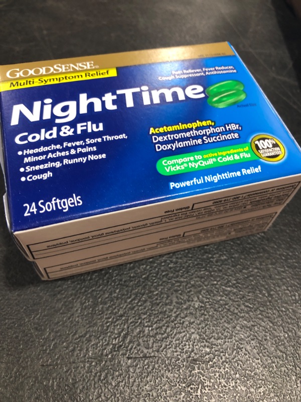 Photo 2 of 2 Pack - GoodSense Nighttime Cold & Flu Softgels, Relieves Aches and Pains Related to Cold & Flu, 24 Count 
Expires 9/2022