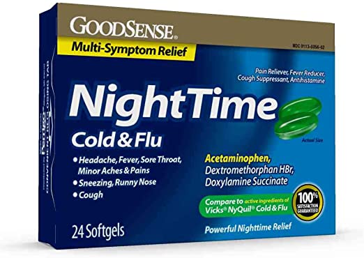 Photo 1 of 2 Pack - GoodSense Nighttime Cold & Flu Softgels, Relieves Aches and Pains Related to Cold & Flu, 24 Count 
Expires 9/2022