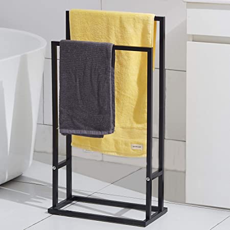 Photo 1 of Bathroom Towel Rack, Free Standing 2 Tier Stainless Steel Floor Black Towel Racks Stand Holder for Bathroom, Kitchen, Pool Towel Drying Rack for Outdoor, Blanket Rack, Black, ALHAKIN
