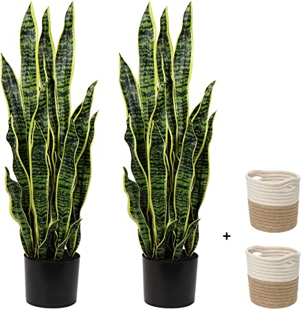 Photo 1 of 2 Set Large Fake Snake Plant 37 Inch Sansevieria Plant Artificial Snake Plants in Pots with Woven Basket Faux Mother In Law Tongue Plant - 30 Leaves Fake Laurentii for Indoor Outdoor Home Office Decor

