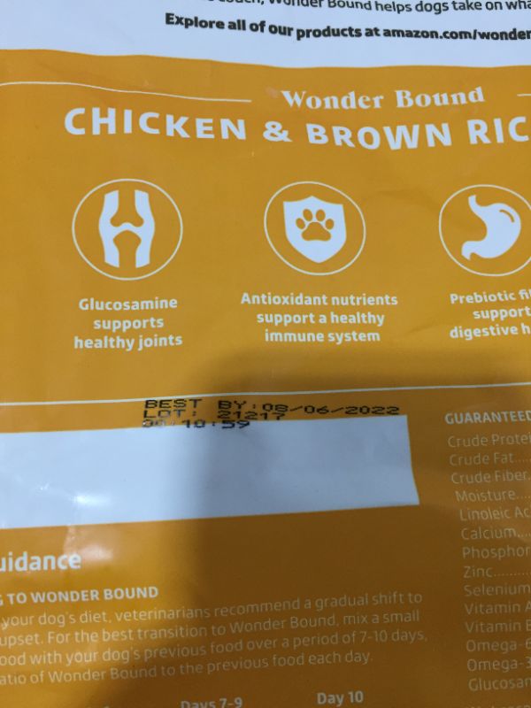 Photo 3 of Amazon Brand - Wonder Bound High Protein, Adult Dry Dog Food - Chicken & Brown Rice Recipe, 5 lb bag
best by 8/2022