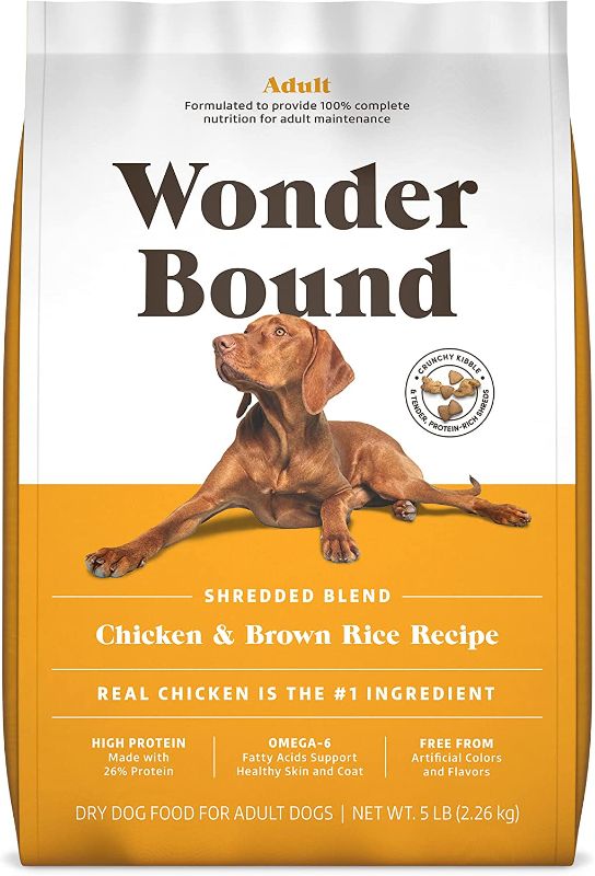 Photo 1 of Amazon Brand - Wonder Bound High Protein, Adult Dry Dog Food - Chicken & Brown Rice Recipe, 5 lb bag
best by 8/2022