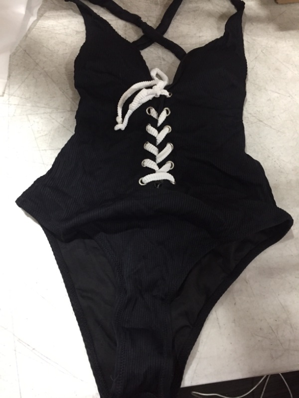 Photo 2 of Miley Black Front Lace Up Crisscross One Piece Swimsuit
