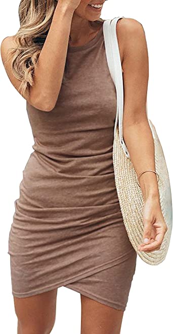 Photo 1 of SIZE MEDIUM BTFBM Women Casual Dress Crew Neck Ruched Summer Sleeveless Tank Bodycon Shirt Short Mini Dresses
