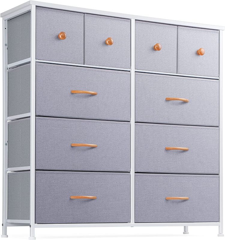 Photo 1 of  Dresser for Bedroom with 10 Drawers, Storage Drawer Organizer, Tall Chest of Drawers for Closet, Clothes, Kids, Baby, Living Room, Wood Board, Fabric Drawers (Light Grey)