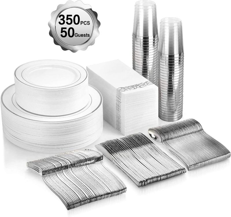 Photo 1 of 350 Piece MCIRCO Silver Dinnerware Set - 100 Silver Rim Plastic Plates - 50 Silver Plastic Silverware - 50 Silver Plastic Cups - 50 Linen Like Silver Paper Napkins, 50 Guest Disposable Silver Dinner
