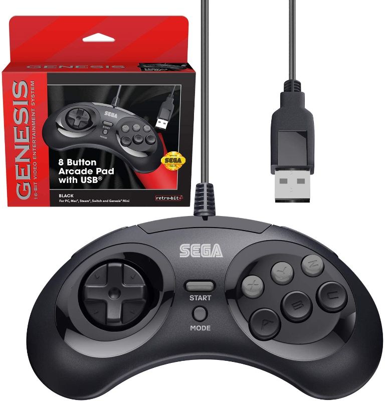 Photo 1 of Retro-Bit Official Sega Genesis USB Controller 8-Button Arcade Pad for Sega Genesis Mini, Switch, PC, Mac, Steam, RetroPie, Raspberry Pi - USB Port - Black
