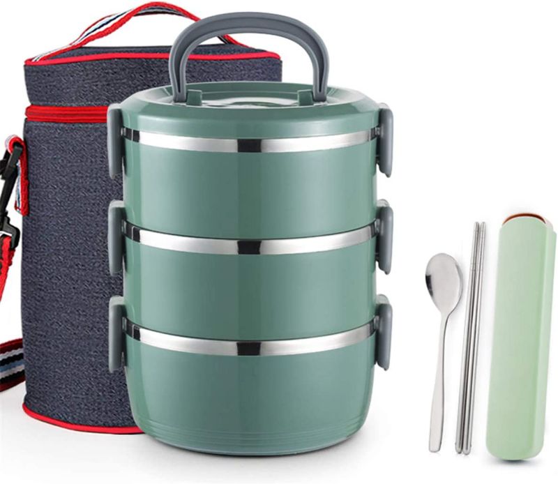 Photo 1 of Insulated Lunch Box Leak Proof Lunch Container All-in-one Stackable Lunch Box Stainless Steel Bento Lunch Box with Bag and Portable Flatware Set for Adults,Green
