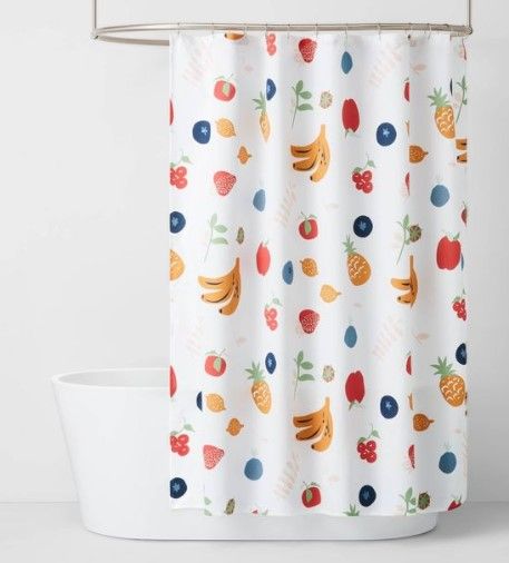Photo 1 of  PACK OF 2 -Fruit Toss Shower Curtain - Pillowfort™
Standard 72in x 72in size drapes around the shower stall or bathtub
