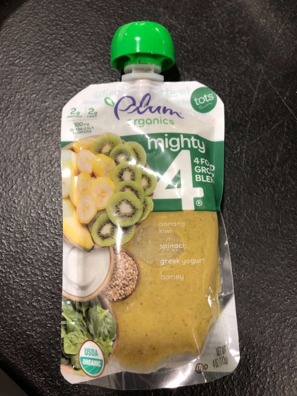 Photo 2 of Plum Organics Baby Food Pouch | Mighty 4 | Banana, Kiwi, Spinach, Greek Yogurt & Barley | 4 Ounce | 6 Pack | Organic Food Squeeze for Babies, Kids, Toddlers **BEST BY:08/16/2022**