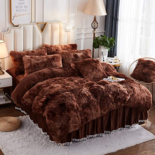 Photo 1 of 2 PCS, JAUXIO Luxury Abstract Faux Fur Bedding Set Tie Dye Printed Shaggy Duvet Cover with Pillow Shams Soft Crystal Velvet Reverse (Twin, Coffee)