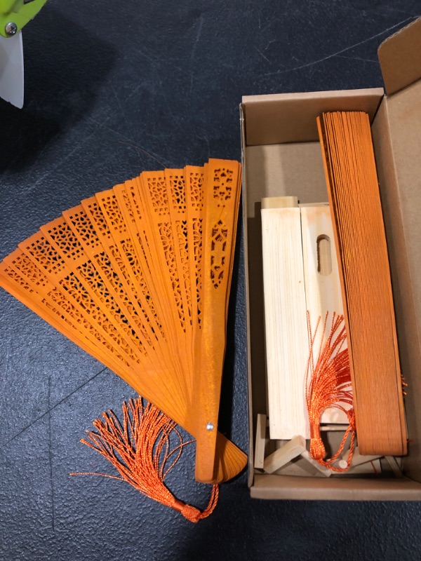 Photo 2 of Activewhey Vintage Oriental Folding Hand Fans Set of 2 with Bamboo Wall Stand, Wooden Decorations in Chinese/Japanese/Korean Style for Wedding, Party, Dancing, Home Decor, Festivals. (Orange)
