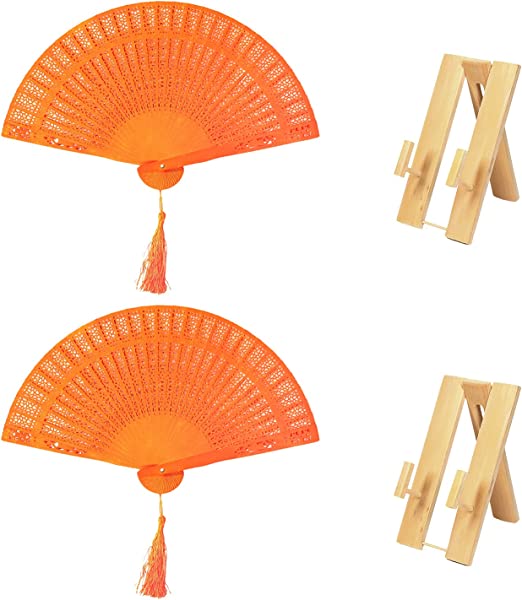 Photo 1 of Activewhey Vintage Oriental Folding Hand Fans Set of 2 with Bamboo Wall Stand, Wooden Decorations in Chinese/Japanese/Korean Style for Wedding, Party, Dancing, Home Decor, Festivals. (Orange)
