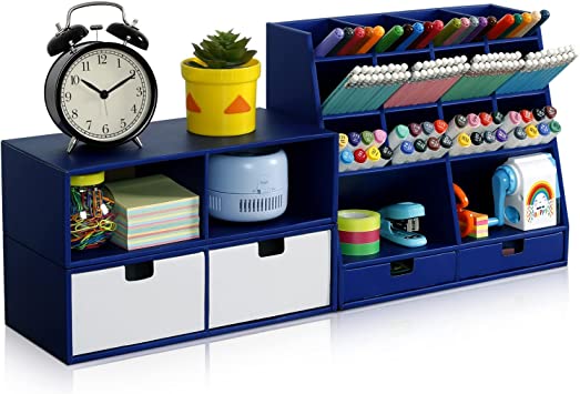 Photo 1 of Desk Organizer and Accessories with 4 Drawers & 16 Compartments Twice Capacity - Art Supply Organizer for Home, School, Office Supplies, FSC Certified Cardboard, DIY Project, Easy Assembly, Blue
