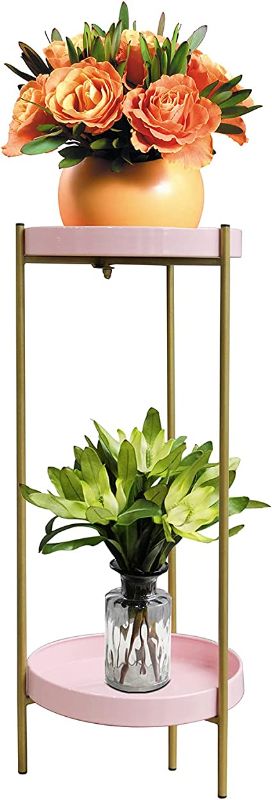 Photo 1 of 2-Tiered Gold Plant Stand-Plant, Tall Metal Pot Stand Indoor Flower Tall Metal Plant Shelf Plant Holder with 2 Removable Pot Outdoor Storage Rack Home Decoration (L, Pink)
