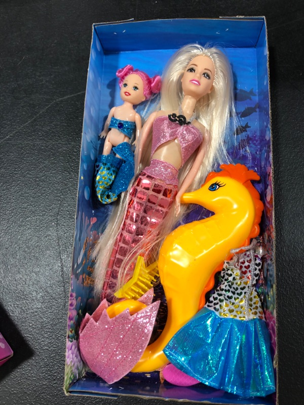 Photo 2 of Bettina Mermaid Princess Doll with Little Mermaid & Seahorse Play Gift Set | Mermaid Toys with Accessories and Doll Clothes for Little Girls (Pink)
