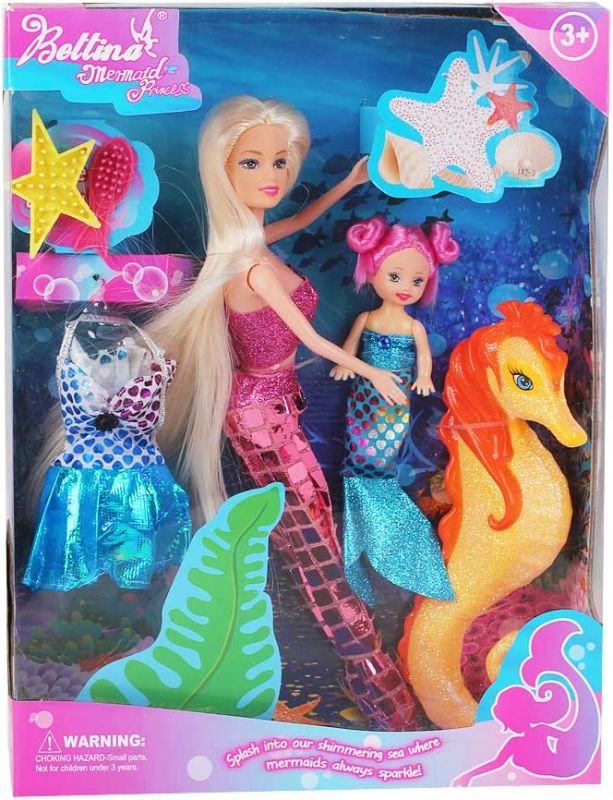 Photo 1 of Bettina Mermaid Princess Doll with Little Mermaid & Seahorse Play Gift Set | Mermaid Toys with Accessories and Doll Clothes for Little Girls (Pink)
