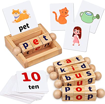 Photo 1 of Montessori Toys for Toddlers 2 3 4 Years Old Wooden Reading Blocks Flash Cards Short Vowel Turning Rotating Matching Letters Toy for Kids Educational Alphabet Learning Toys for Preschool Boys Girls
