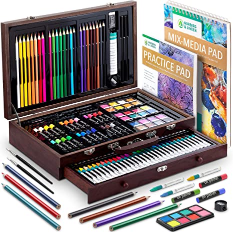 Photo 1 of Art Supplies, Norberg & Linden XXL144 Art Set in Deluxe Wooden Box with Drawer Includes Crayons, Oil Pastels, Watercolor Paints, Colored Pencils, Sharpener and Sketch Pad for Adults and Kids
