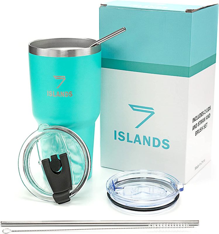 Photo 1 of 7ISLANDS 30oz Double Walled Stainless Steel Vacuum Insulated Tumbler-Travel Mug w/Two Lids and Straw Set. Coffee Tumblers Can Drink Any Beverage.
