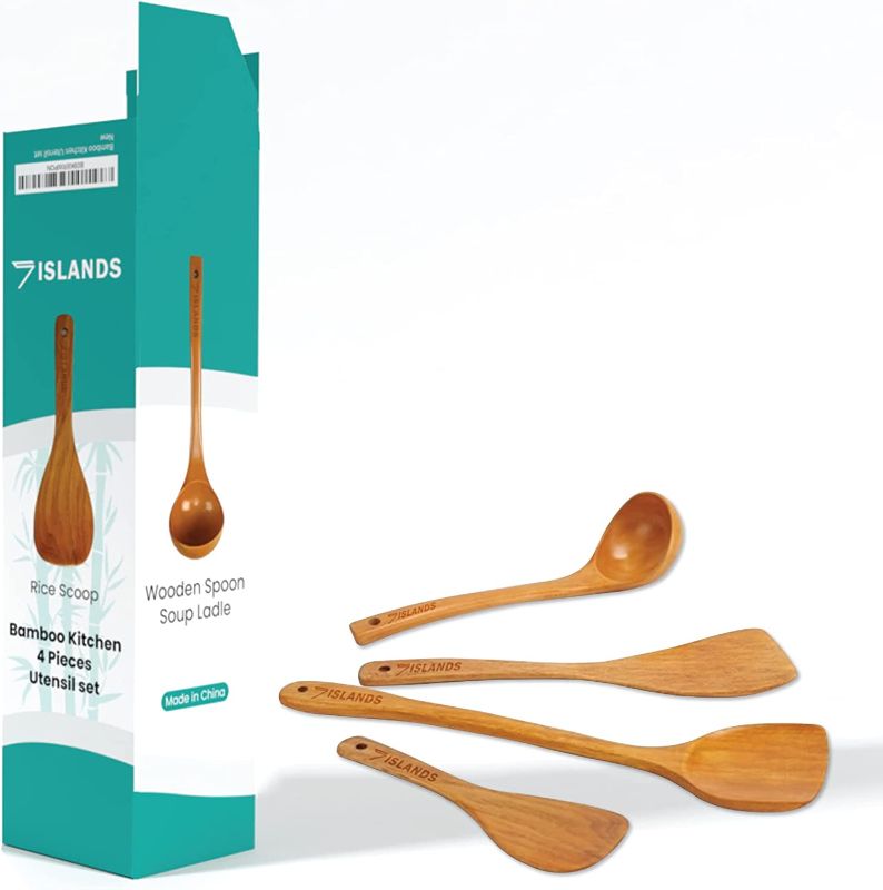 Photo 1 of 7ISLANDS Wooden Kitchen Utensils Set | 4Pcs Utensils Set with Rice Scoop, Soup Ladle, Frying Shovel, Large Spatula