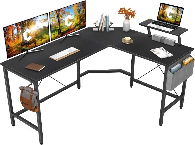 Photo 1 of Cubiker Modern L-Shaped Computer Office Desk, Corner Gaming Desk with Monitor Stand, Home Office Study Writing Table Workstation for Small Spaces, Black
