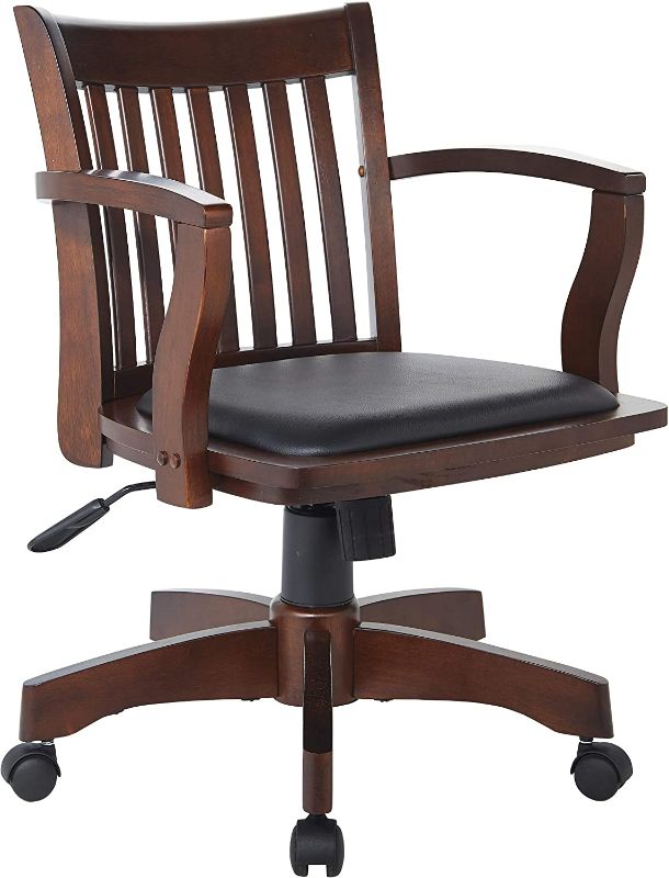 Photo 1 of OSP Home Furnishings Deluxe Wood Bankers Desk Chair with Black Vinyl Padded Seat, Espresso
