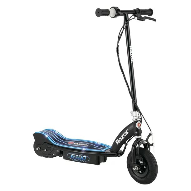 Photo 1 of Razor E100 Glow Electric Scooter for Kids Ages 8+ and up to 120 lbs, 8" Pneumatic Front Tire, LED Light-Up Deck, 100W Chain Motor, Up to 10 mph & up to 40 mins Ride Time, 24V Sealed Lead-Acid Battery
