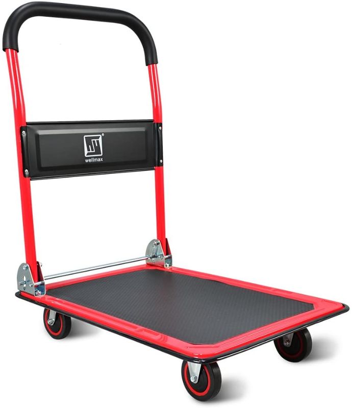 Photo 1 of Push Cart Dolly by Wellmax, Moving Platform Hand Truck, Foldable for Easy Storage and 360 Degree Swivel Wheels with 660lb Weight Capacity, Red Color
