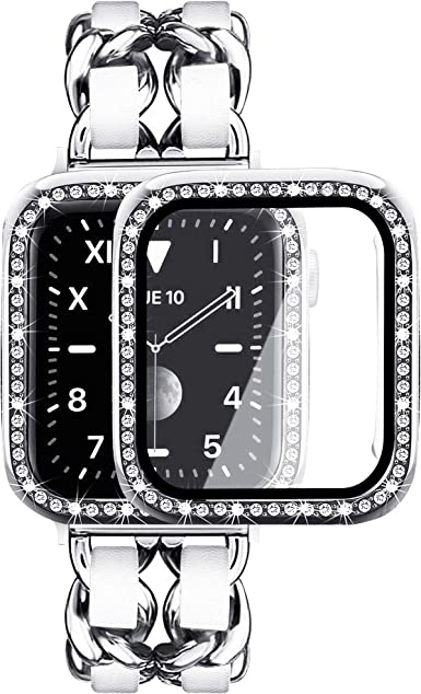 Photo 1 of Mosonio Compatible for Apple Watch Band 38mm 40mm 41mm 42mm 44mm 45mm with Screen Protector Case Women, Jewelry Bracelet Metal Strap with 2-Pack Bling Case Cover for iWatch Series 7 6 5 4 3 2 1 SE