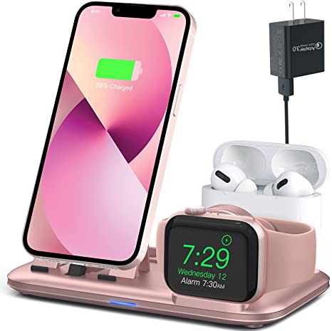 Photo 1 of OLEBR 3 in 1 Charging Station for Multiple Devices Apple Bedside Charging Stand for iPhone and Apple Watch 7/6/SE/5/4/3/2/1 Charging Dock for AirPods Pro/3/2/1 (with 12W Fast Charger) Rose Gold
